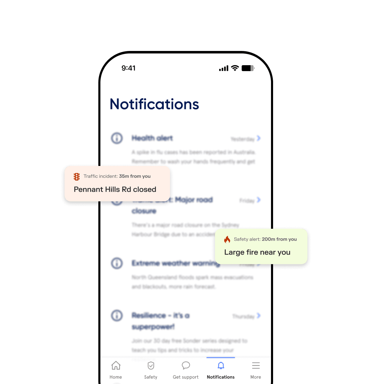 Image UI of in-app push notifications for health alerts, local incidents, and hazards