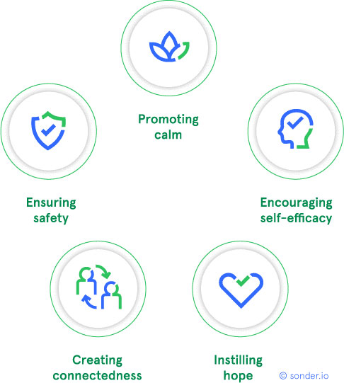 Cluster of images displaying the five principles of psychological first aid.