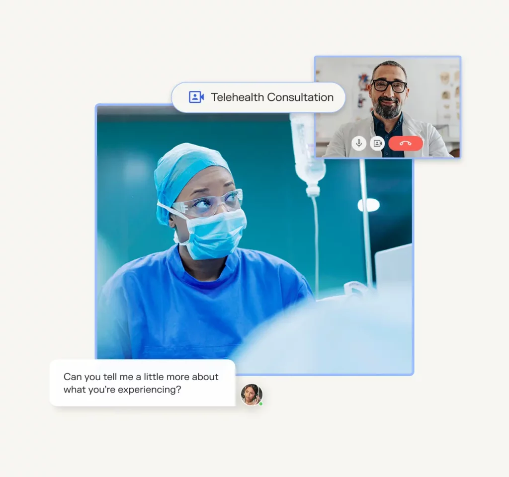 Montage showing a surgeon at work overlayed by Sonder app features