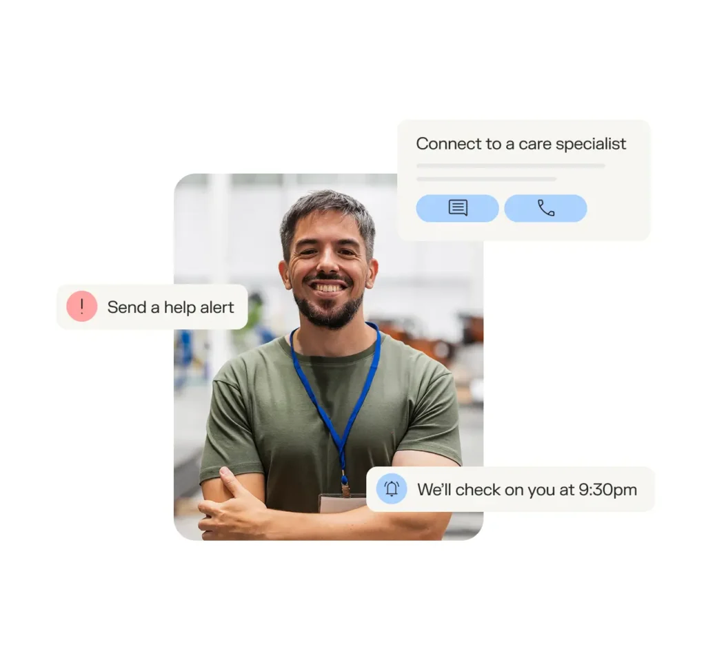 Montage of Sonder app features on top of a happy member