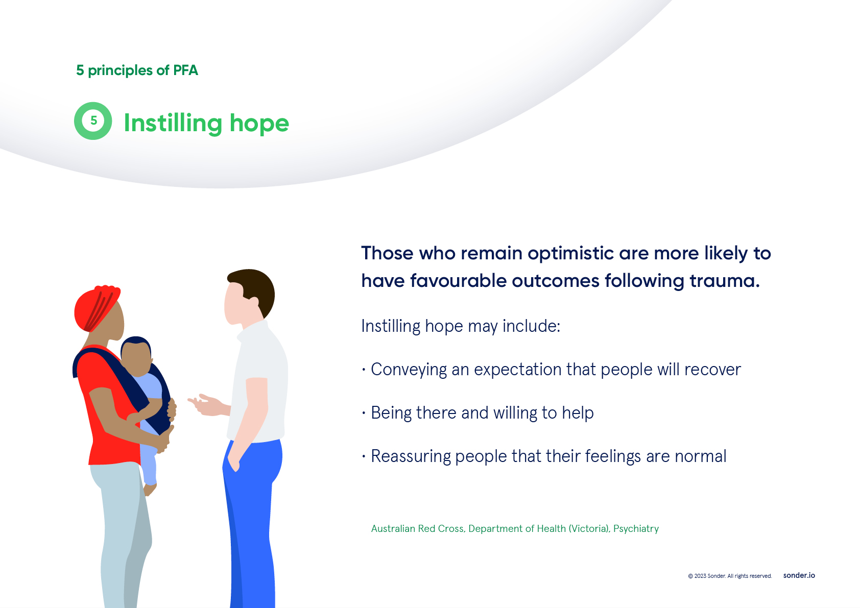 The fifth principle of psychological first aid (PFA) is instilling hope, says the Australian Red Cross, and the Department of Health (VIC).
