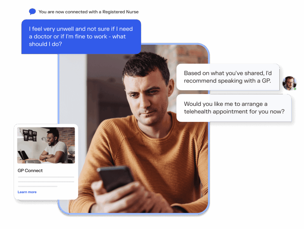 A man using a mobile device texting function, speaking with a nurse about a medical concern. Surrounded by chat bubbles of their conversation.
