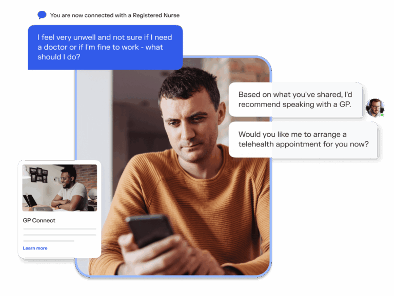 A man using a mobile device texting function, speaking with a nurse about a medical concern. Surrounded by chat bubbles of their conversation.
