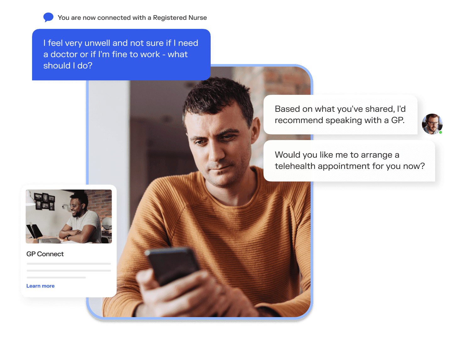 A man using a mobile device texting function, speaking with a nurse about a medical concern. Surrounded by chat bubbles of their conversation.