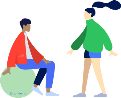 A boy sitting on a ball talking to a girl standing up.