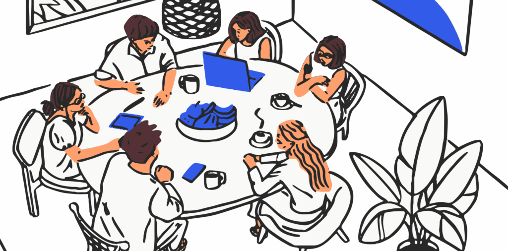 Illustration of a team having a collaborating meeting sitting in a round desk