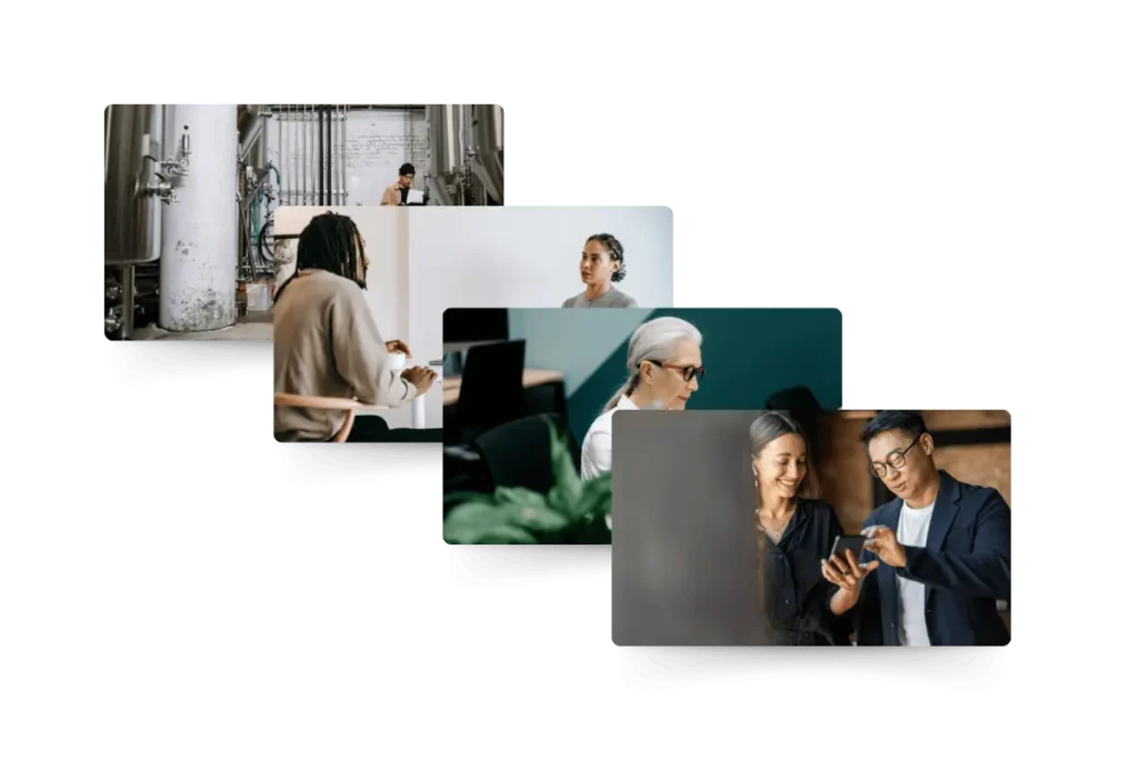 Composite image of various workers interacting with their peers