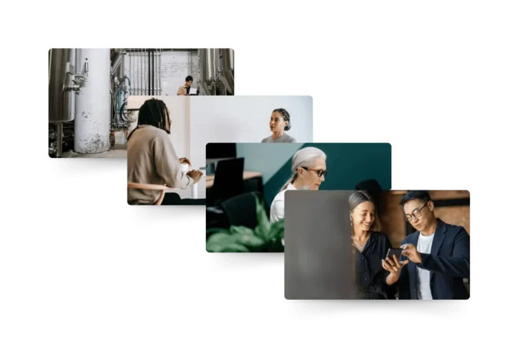 Composite image of various workers interacting with their peers