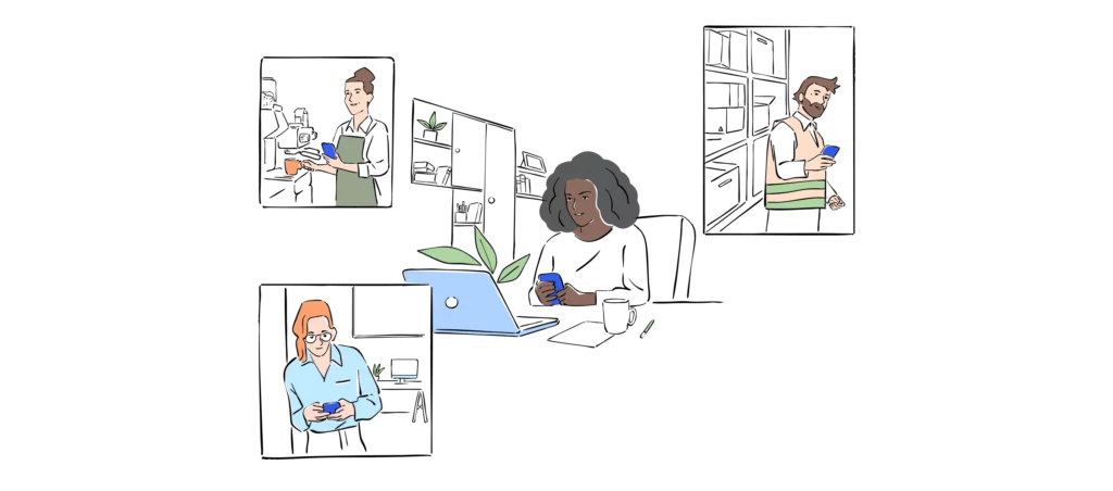 Illustration of various people at work using the Sonder app