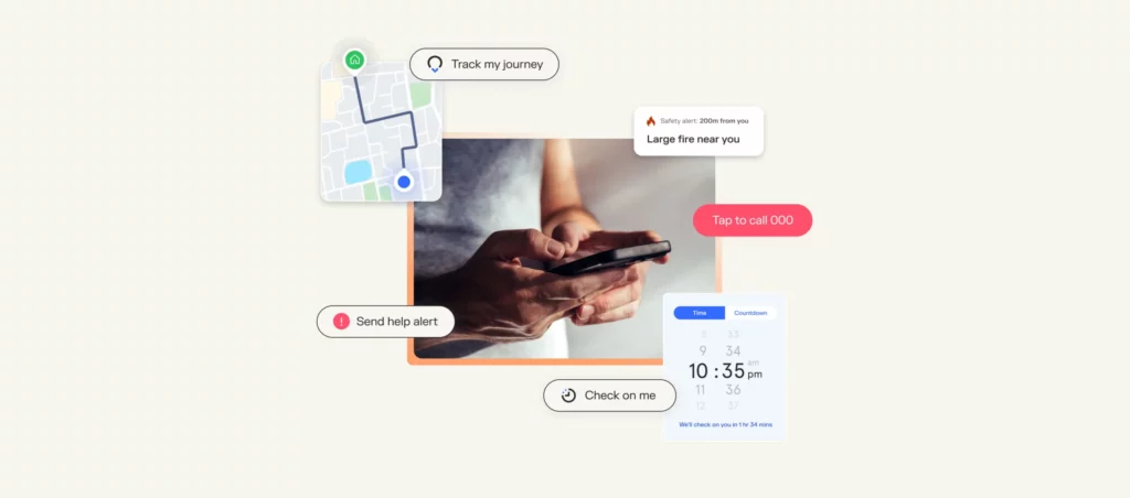 Montage of man holding a phone and the various safety features of Sonder overlaying it