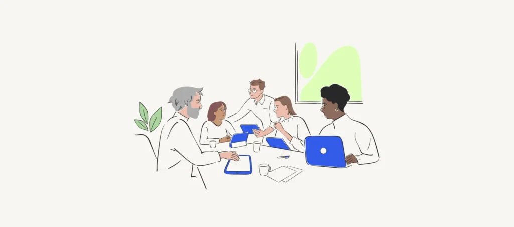 Illustrations of co-workers in a meeting with their laptops