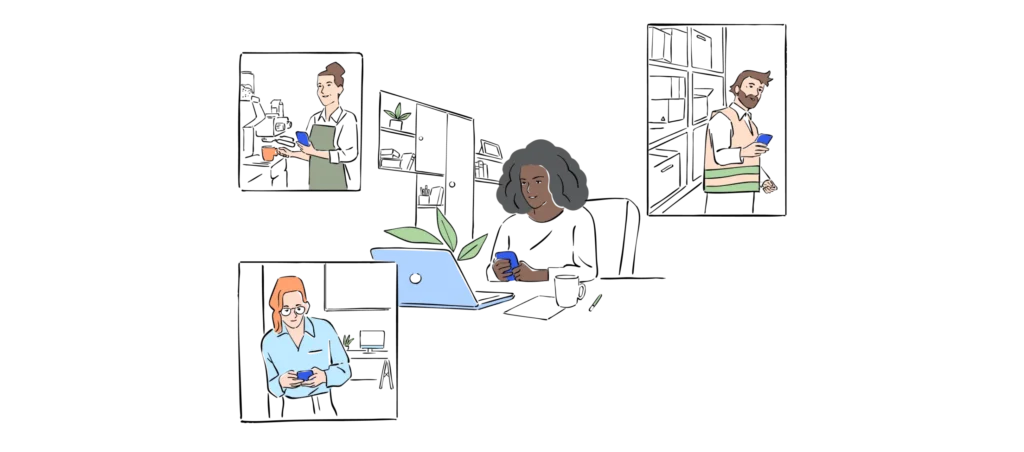 Illustration of various people at work using the Sonder app