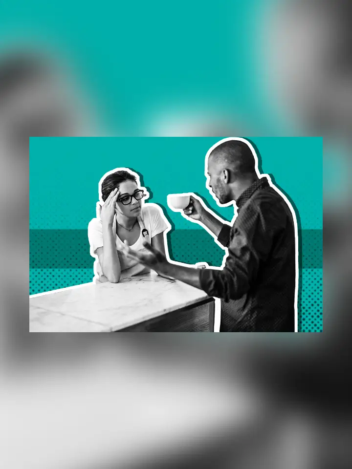 Man having a coffee talking to a woman