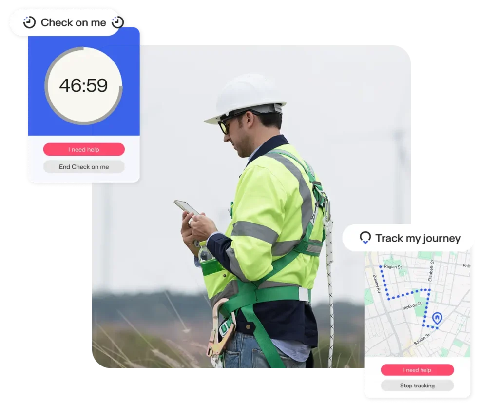 Montage of safety worker using the Sonder app and some app UI
