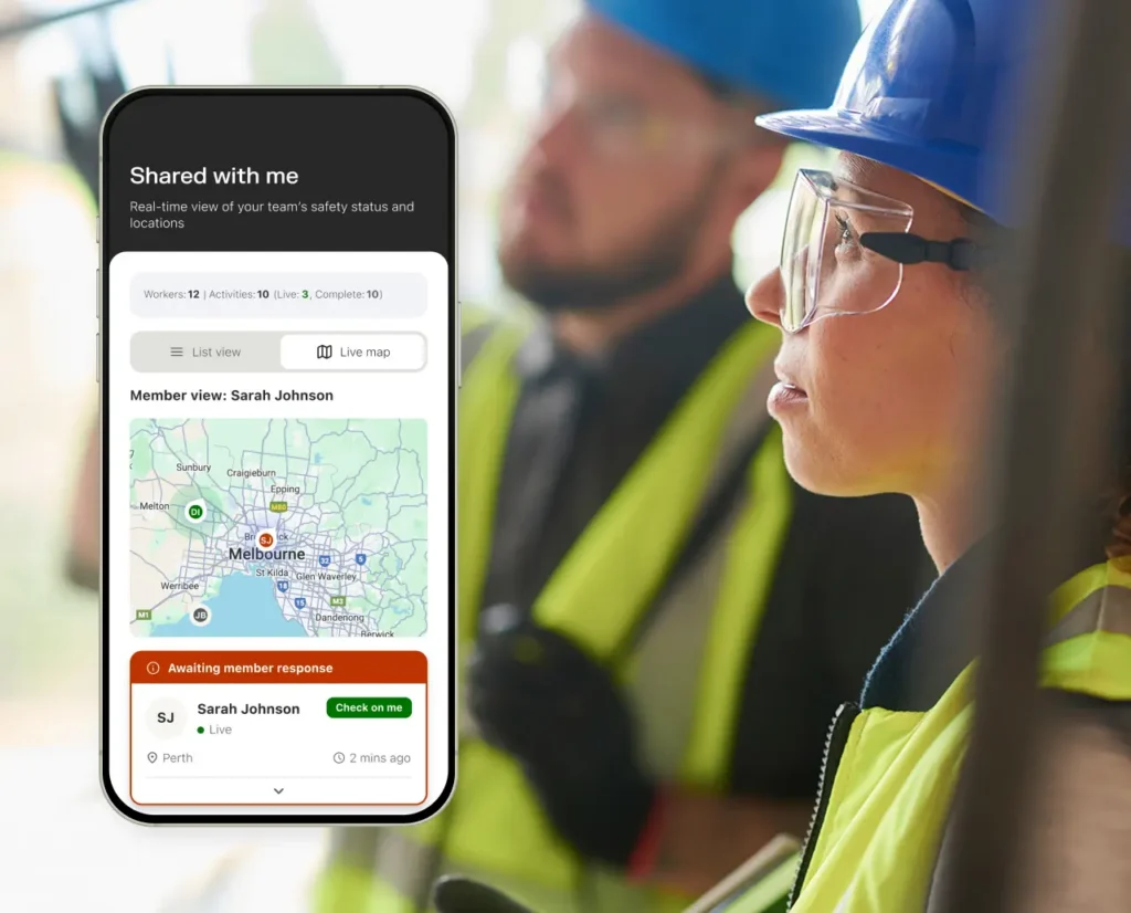 Composite image of 2 construction workers overlayed by the "Share my shift" screen from the Sonder app