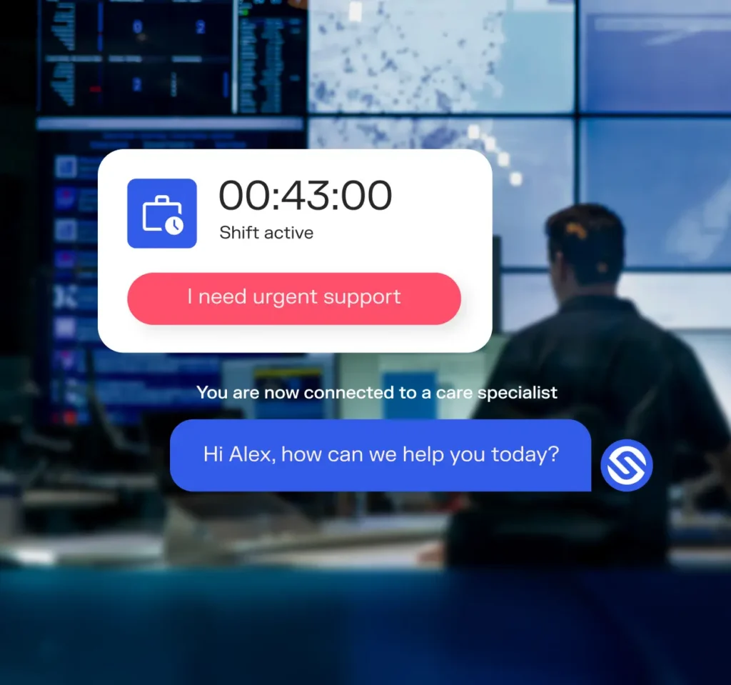 Composite of a background image with the Sonder Support Centre overlayed by pieces of user interfaces from the Share my shift functionality and the chat support