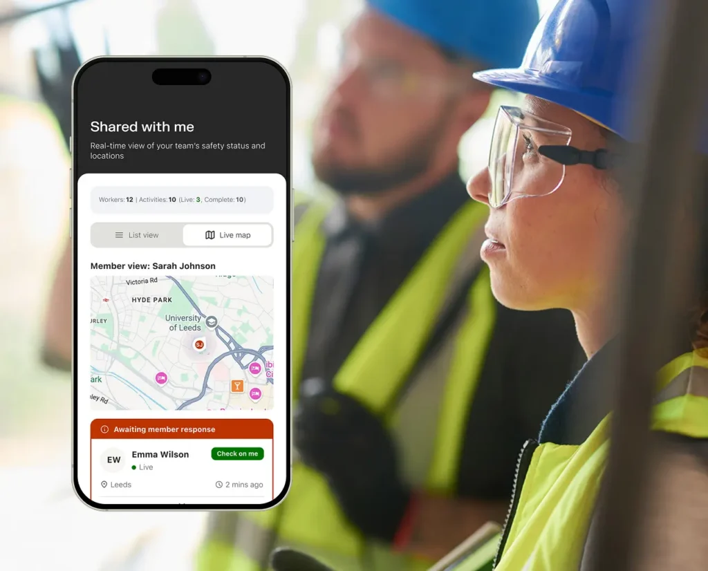 Collage with 2 construction workers and the Team Safe product displayed in the Sonder app