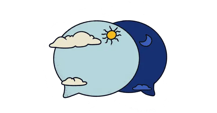 Illustration of 2 chat bubbles with a sunny and a night sky