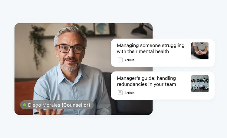 Montage with a Counsellor doing a video chat, and a few suggested articles overlaying it